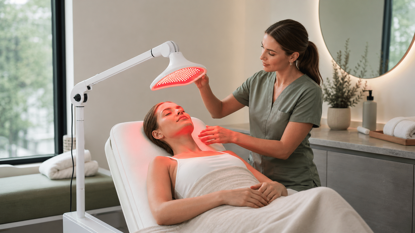 Red light therapy lamp equipment in a beauty and wellness studio