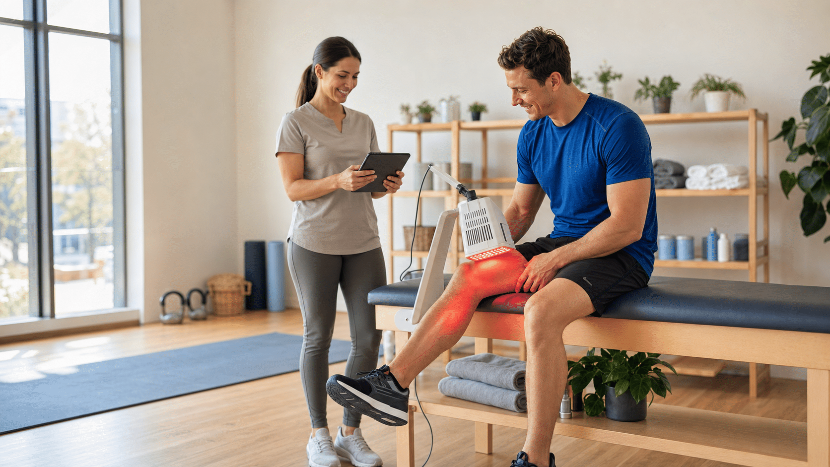 Red light therapy device supporting post-workout recovery for active clients