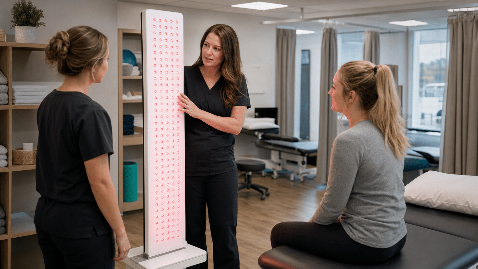 Standing red light therapy device used in a rehabilitation center treatment area